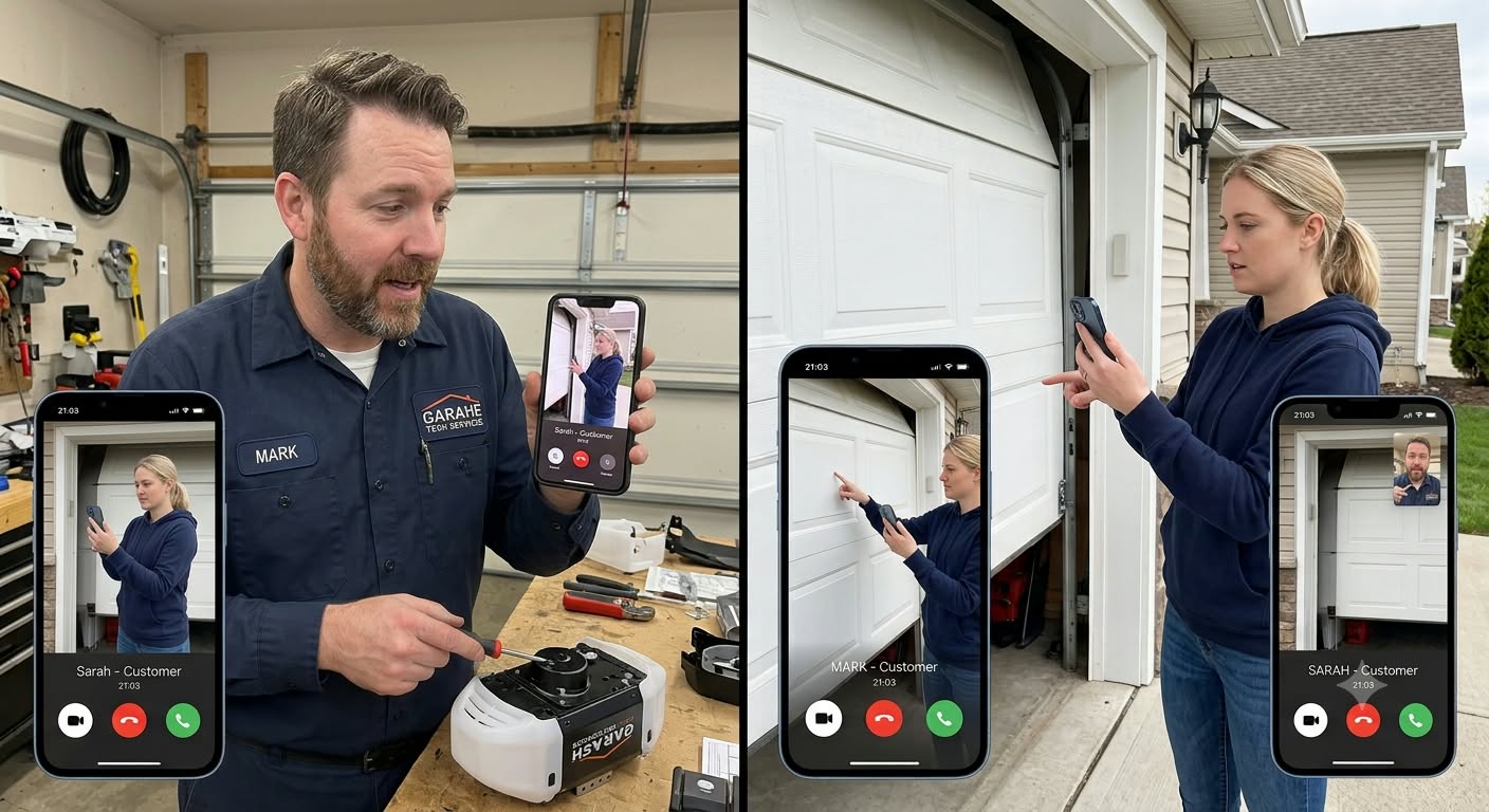 A garage-door professional helping a customer by live video call